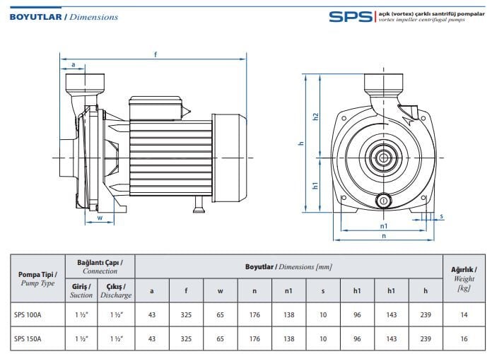 star pompa SPS100A-150A BOYUTLARI teknik çizimi ve ölçüleri